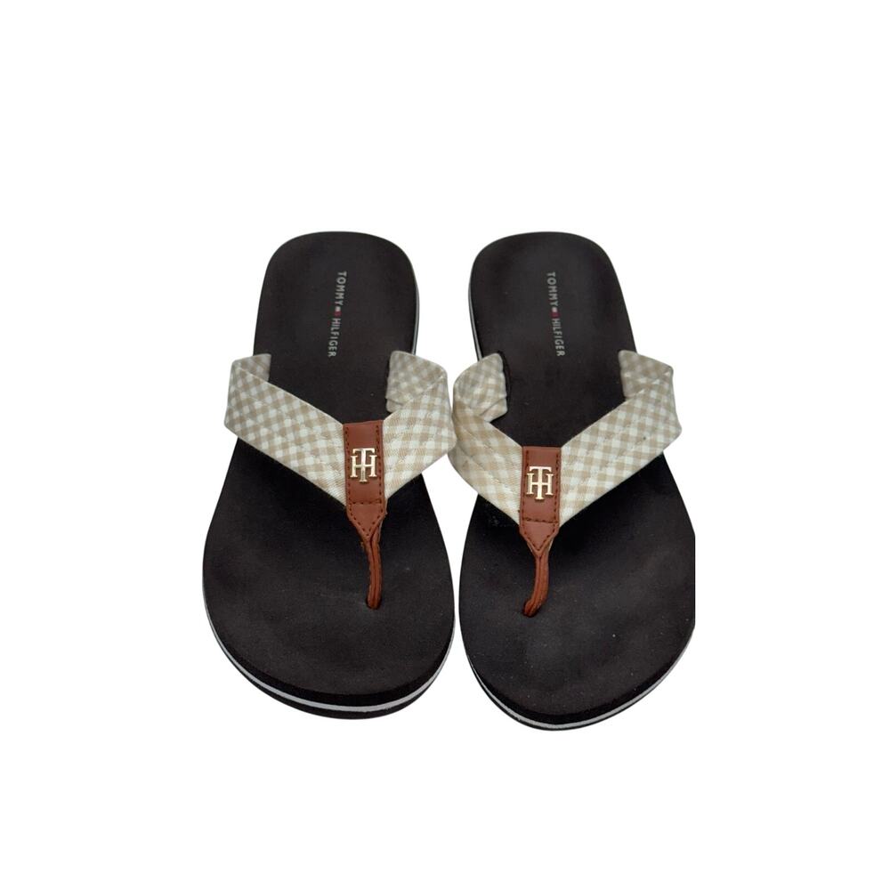 Tommy Hilfiger Gingham Check Flip Flops Women’s Thong Sandals Beige Brown Sz 7-8